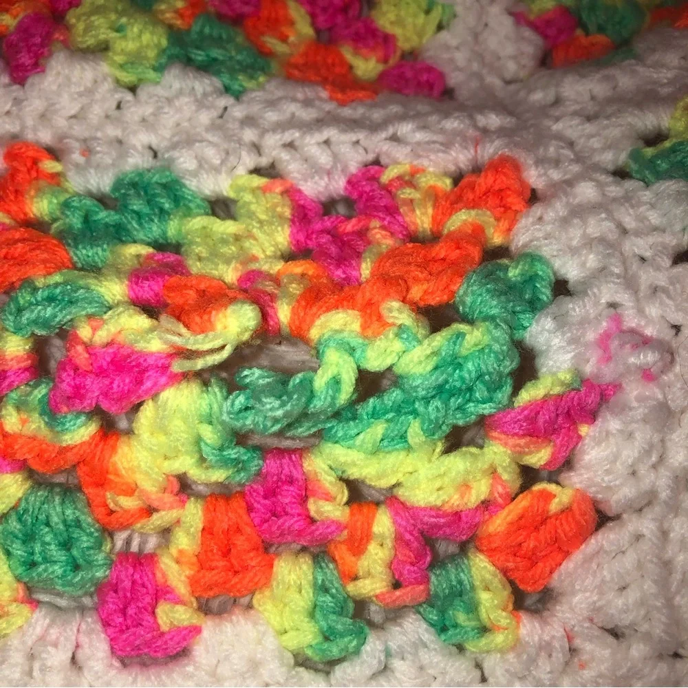 Handmade Crochet Blanket Granny Squares Bright Multi Color Blanket 35” x 34”